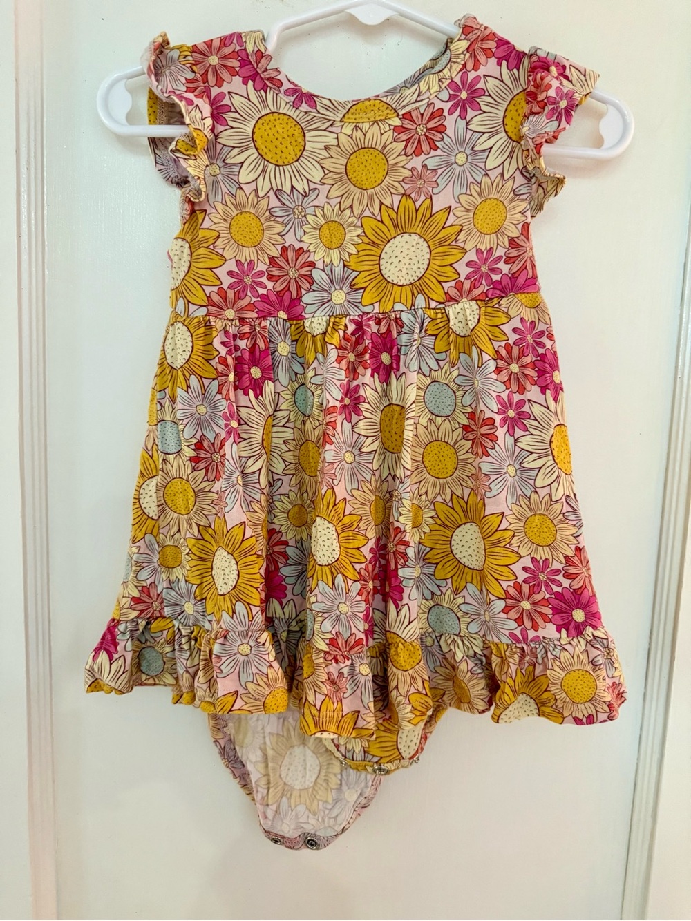 Posh Peanut Rosalinda Sunflower Ruffled Twirl Bodysuit Dress Yellow & Pink